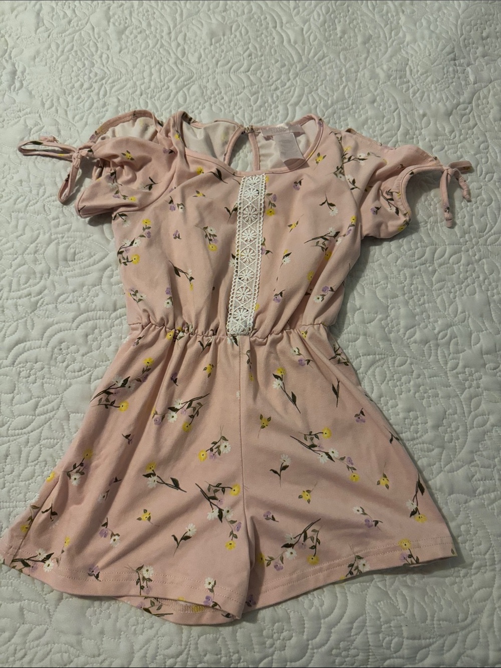 Girls' Pink Floral Cold-Shoulder Romper with Lace Trim